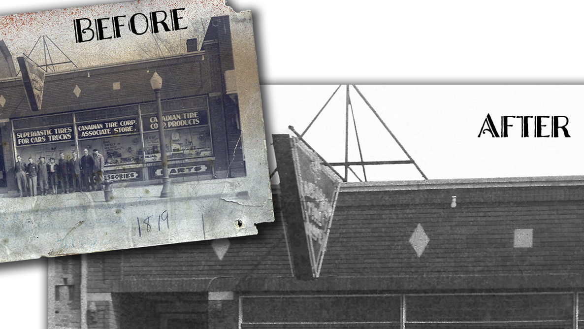 Before and after restoration of an old building photograph